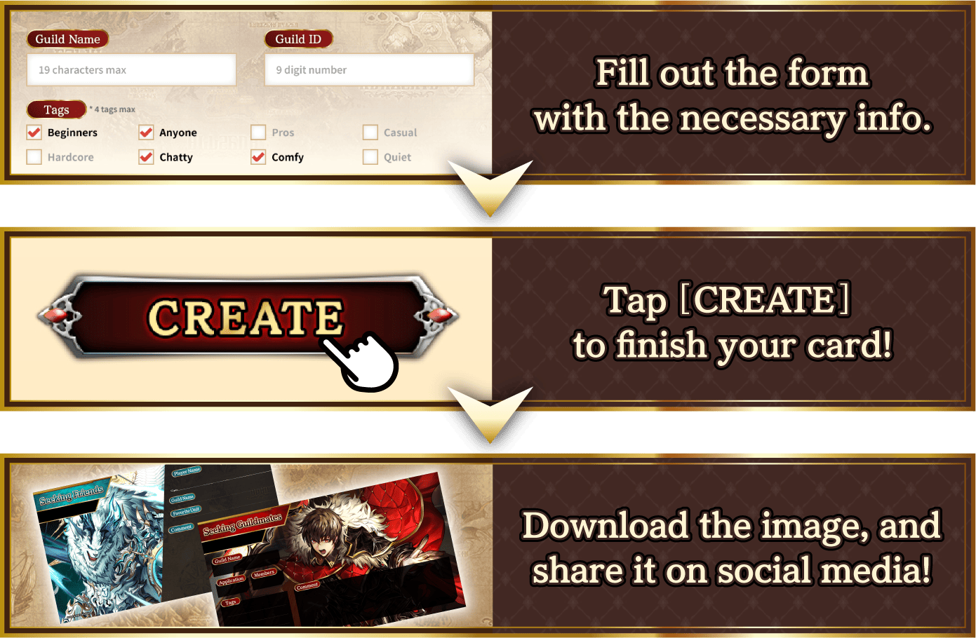 Fill out the form with the necessary info. Tap [CREATE] to finish your card! Download the image,and share it on social media!